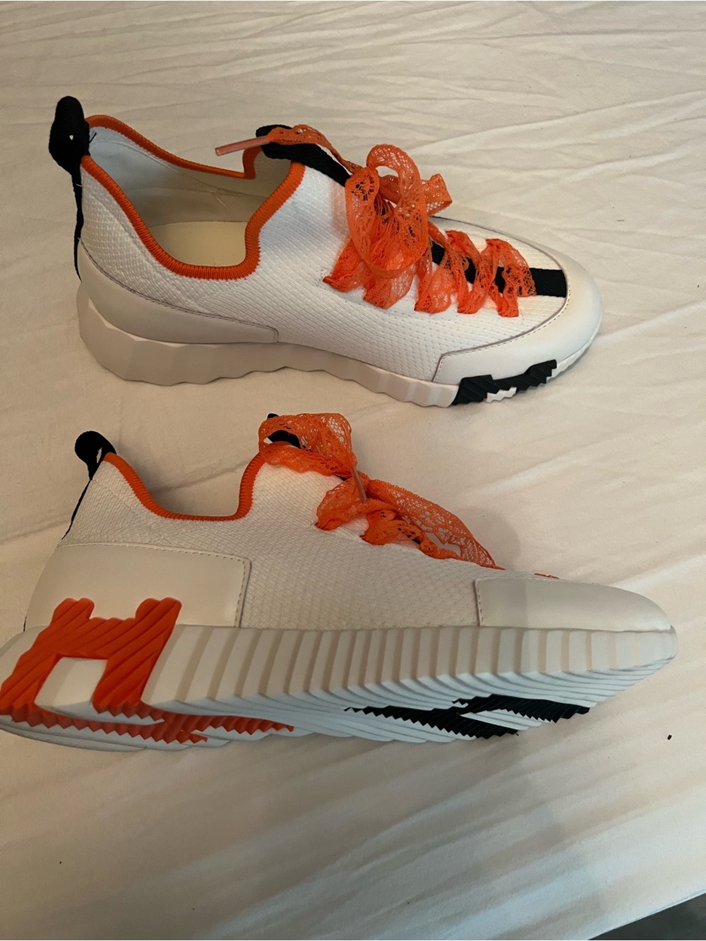 Hermes White and Orange Low-Top Sneakers